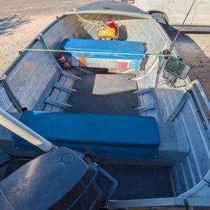 Top-down view of the 4m tinny “All Aboard” showing deck layout, seating, and open floor space – Monkey Mia Boat Hire Shark Bay