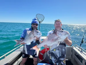 Shark Bay Fishing Map – Land & Boat Fishing Spots WA Two fishermen holding big pink snapper on a boat in Shark Bay, Western Australia, under a clear blue sky